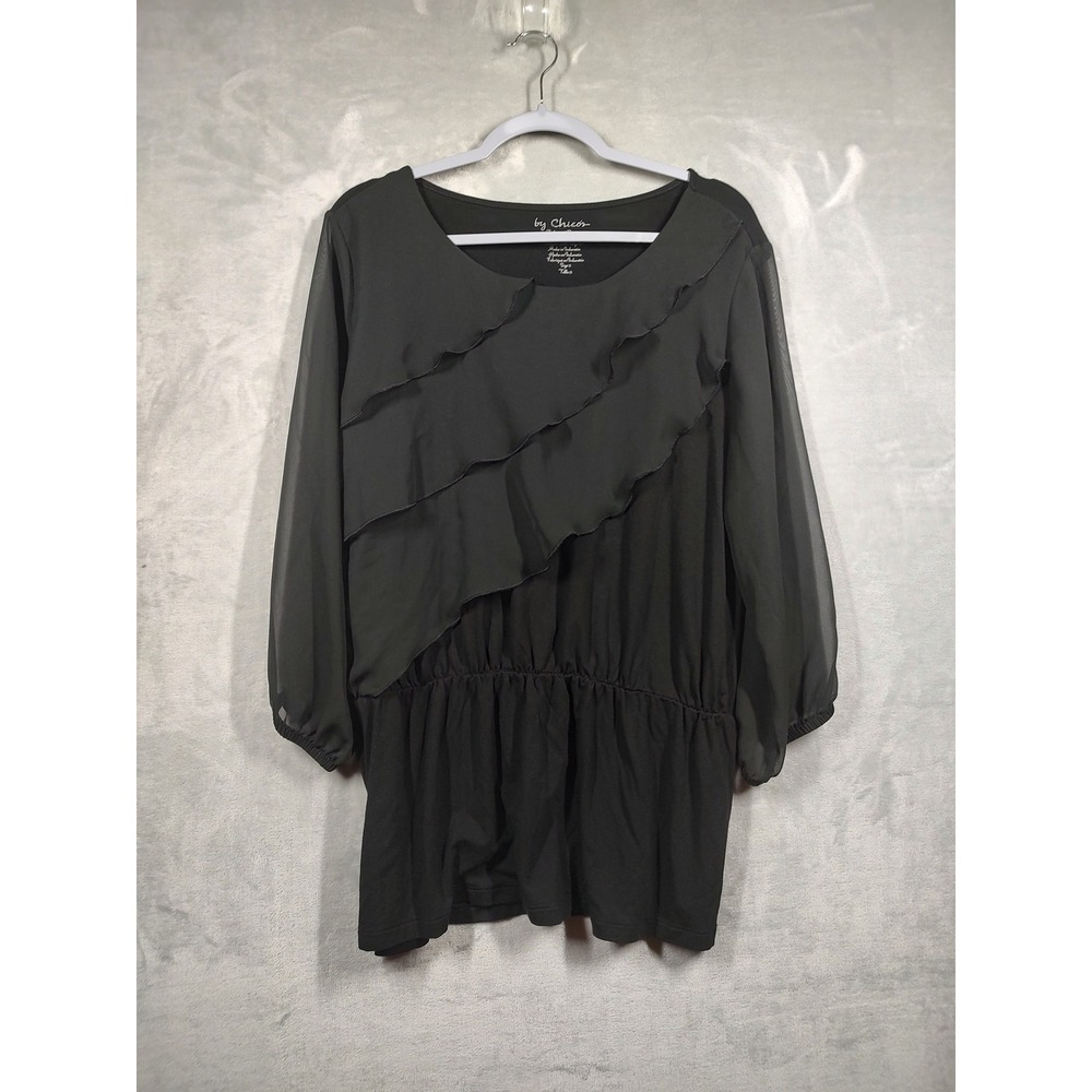 Chicos Black Ruffle Front Sheer Long Sleeve Blouse Top Size 2 L Cinched Waist